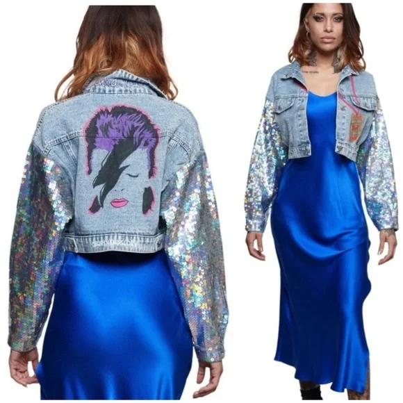 NWT Wren + Glory Hand Painted Bowie Denim Jacket Sequin Cropped Free People O/S - Picture 2 of 9